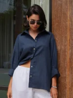 Bornladies 100% Cotton Spring Summer Versatile Lazy Casual Shirt Women's Fashionable Solid Color Loose Shirt Cardigan Shirt - Image 8